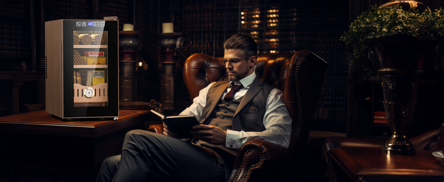 Mojgar 25L Thermoelectric Cigar Humidor in a sophisticated library setting. Perfect for cigar enthusiasts, featuring precise temperature control and elegant storage for cigars in a luxurious environment.
