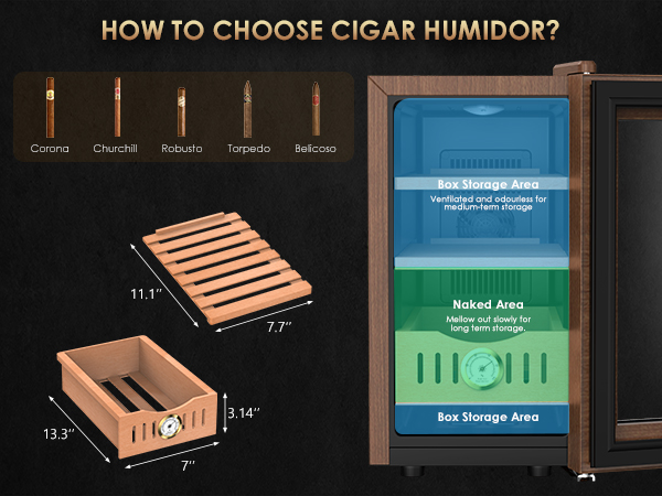 Mojgar 25L Cigar Humidor with designated storage areas: Box Storage for medium-term storage with ventilation, and Naked Area for long-term storage to mellow cigars slowly. Features adjustable cedar shelves.