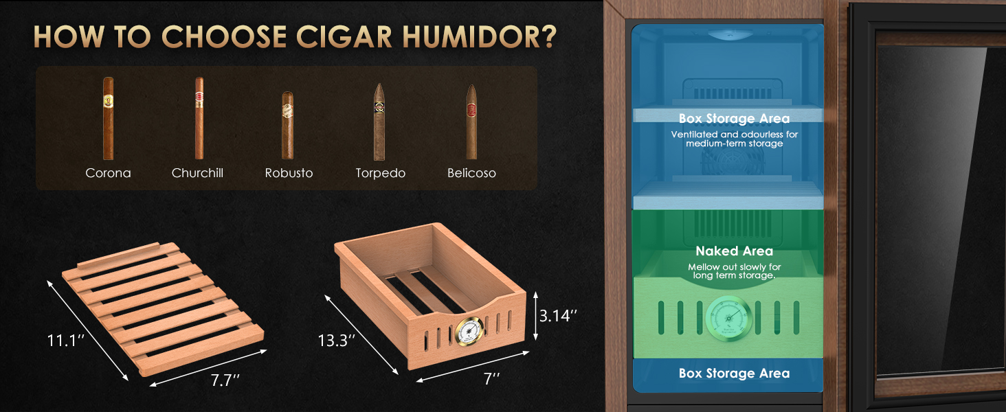 Mojgar 25L Cigar Humidor with designated storage areas: Box Storage for medium-term storage with ventilation, and Naked Area for long-term storage to mellow cigars slowly. Features adjustable cedar shelves.