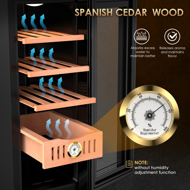 Mojgar 35L Cigar Humidor with Spanish Cedar wood for optimal storage. Features natural aroma release, moisture absorption, and built-in hygrometer for humidity monitoring. Ideal for flavor preservation. Note: no humidity adjustment.