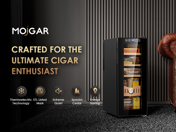 Mojgar 35L thermoelectric cigar humidor with Spanish cedar interior, energy-saving, ETL listed, and ultra-quiet operation, designed for cigar enthusiasts.