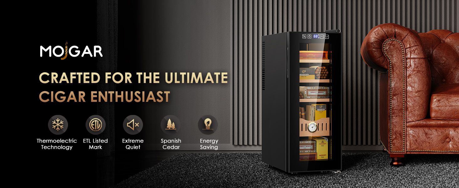 Mojgar 35L thermoelectric cigar humidor with Spanish cedar interior, energy-saving, ETL listed, and ultra-quiet operation, designed for cigar enthusiasts.