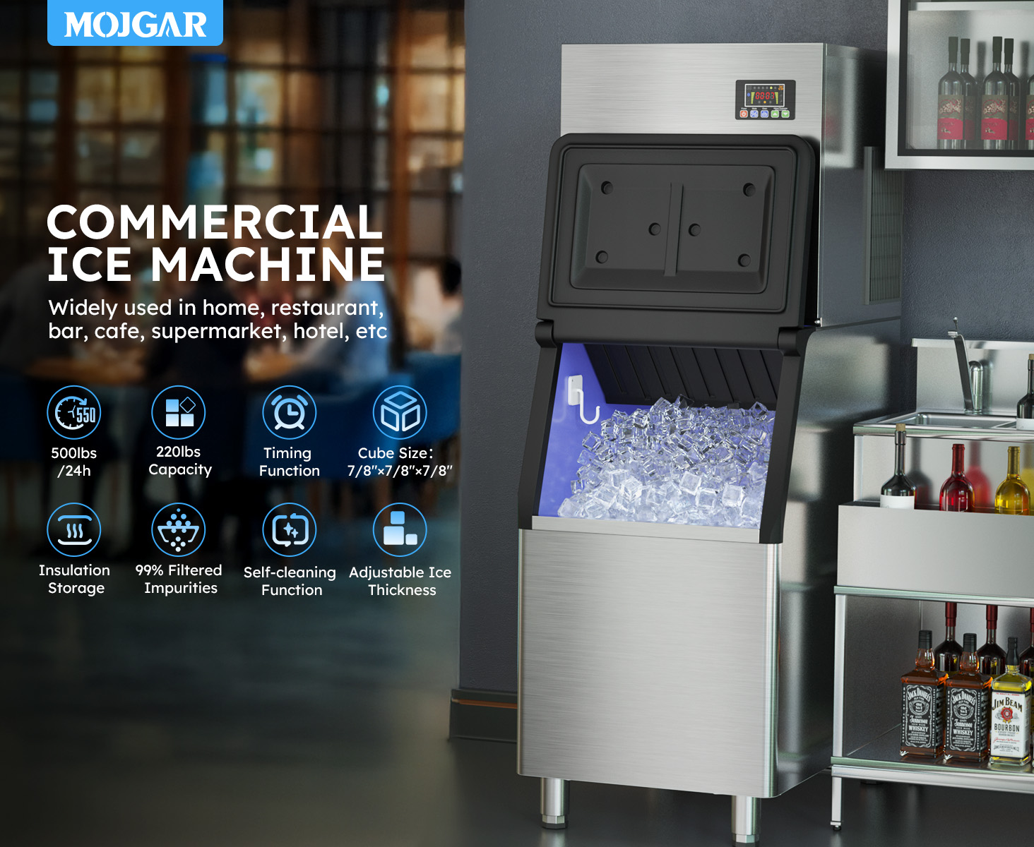 Mojgar Commercial Ice Maker with 500LBS daily production, 220LBS storage, and adjustable ice thickness. Ideal for restaurants, bars, cafes, and supermarkets, ensuring fast, clean, and customizable ice production.
