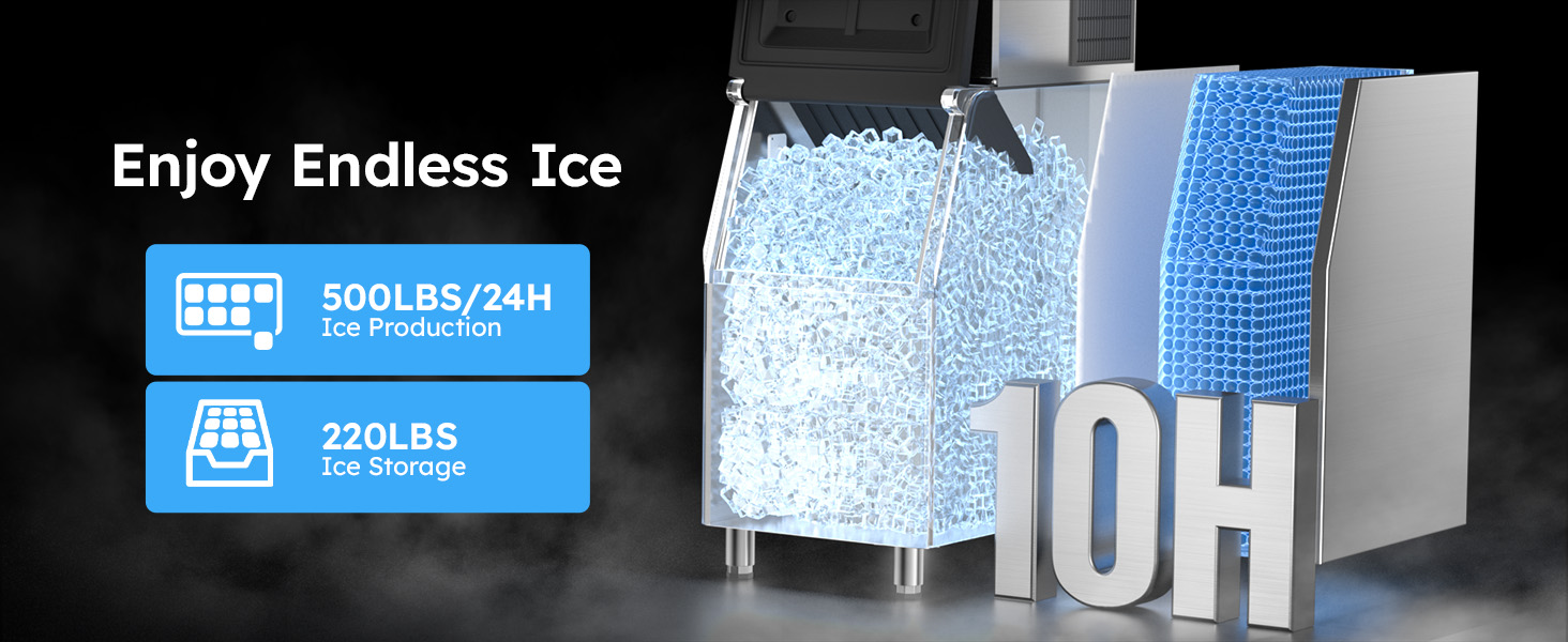 Mojgar Commercial Ice Maker with 500LBS daily ice production and 220LBS storage. Ideal for high-demand environments like restaurants and bars, providing a continuous ice supply for 10 hours.