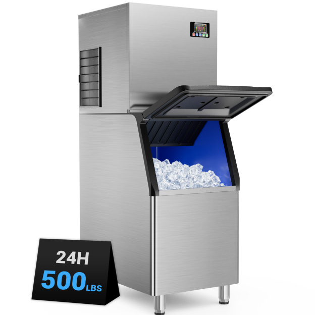 Mojgar Commercial Ice Maker with 500LBS daily production, stainless steel construction, and large ice storage bin. Ideal for high-demand environments like restaurants, bars, and cafes, providing fast, reliable ice production.