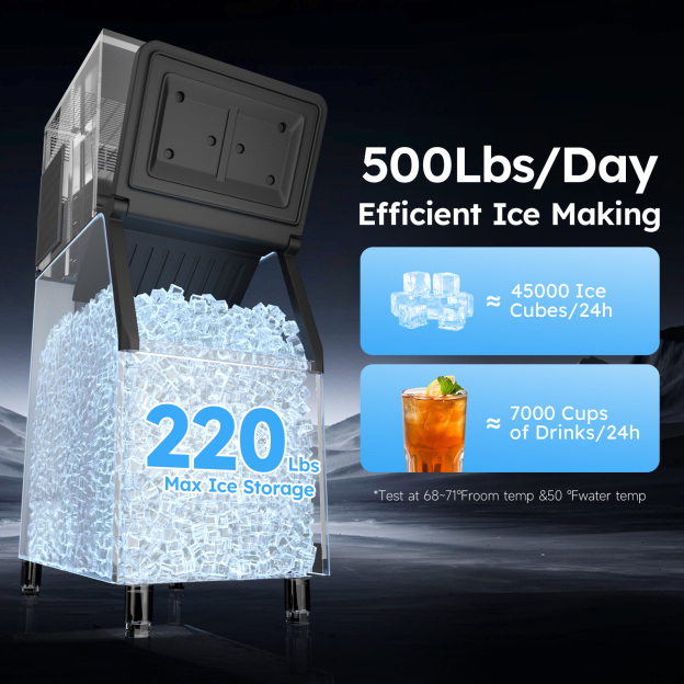 Mojgar Commercial Ice Maker produces 500LBS of ice per day with 220LBS maximum storage. Ideal for restaurants, bars, and cafes, providing 45,000 ice cubes or 7,000 cups of drinks per day.