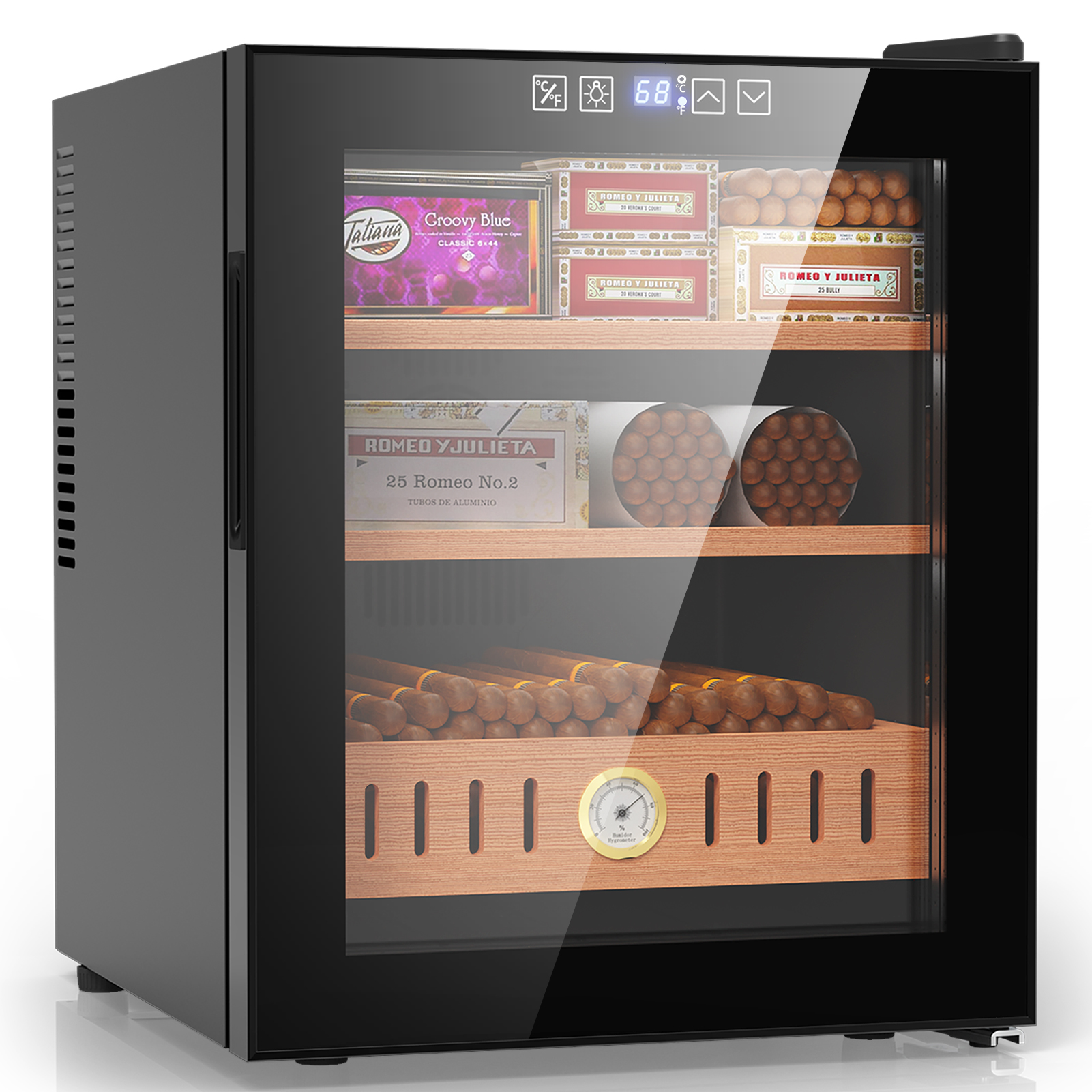 Mojgar 50L cigar humidor featuring advanced cooling and humidity control with a Spanish cedar interior. Perfect for storing up to 300 cigars, with an elegant glass door, adjustable temperature settings, and a hygrometer for optimal conditions. Ideal for cigar collectors.