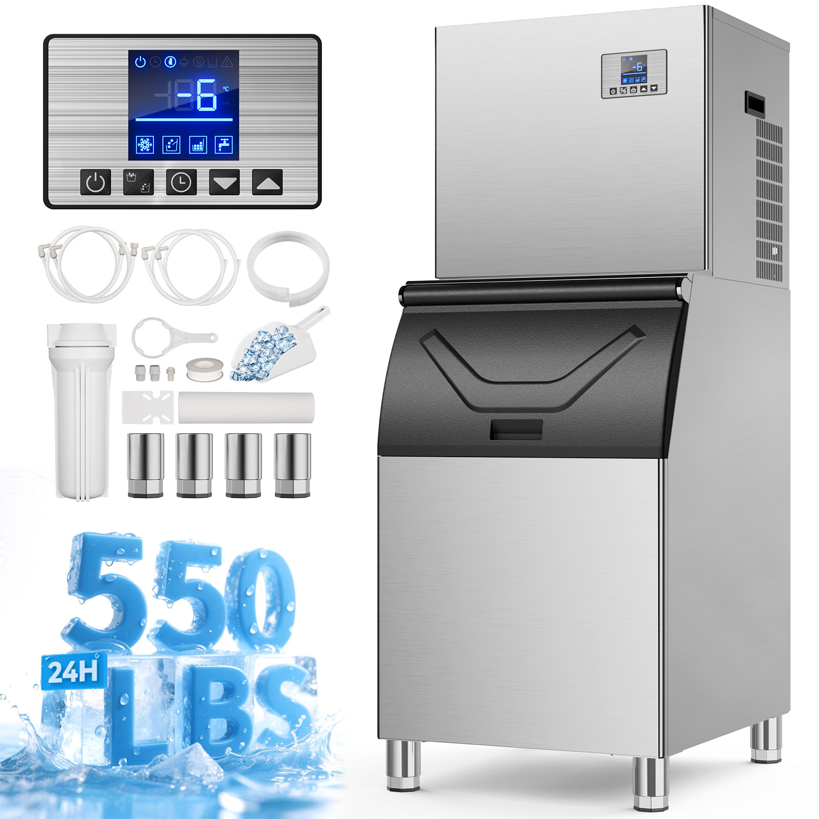 Mojgar 550 LBS Commercial Ice Maker with 360 LBS storage bin, LCD control panel, water filter, ice scoop, and accessories. Ideal for high-volume ice needs in restaurants, bars, and businesses. Produces 550 LBS of ice per day.