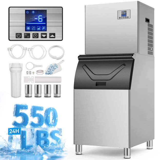 Mojgar 550 LBS Commercial Ice Maker with 360 LBS storage bin, LCD control panel, water filter, ice scoop, and accessories. Ideal for high-volume ice needs in restaurants, bars, and businesses. Produces 550 LBS of ice per day.