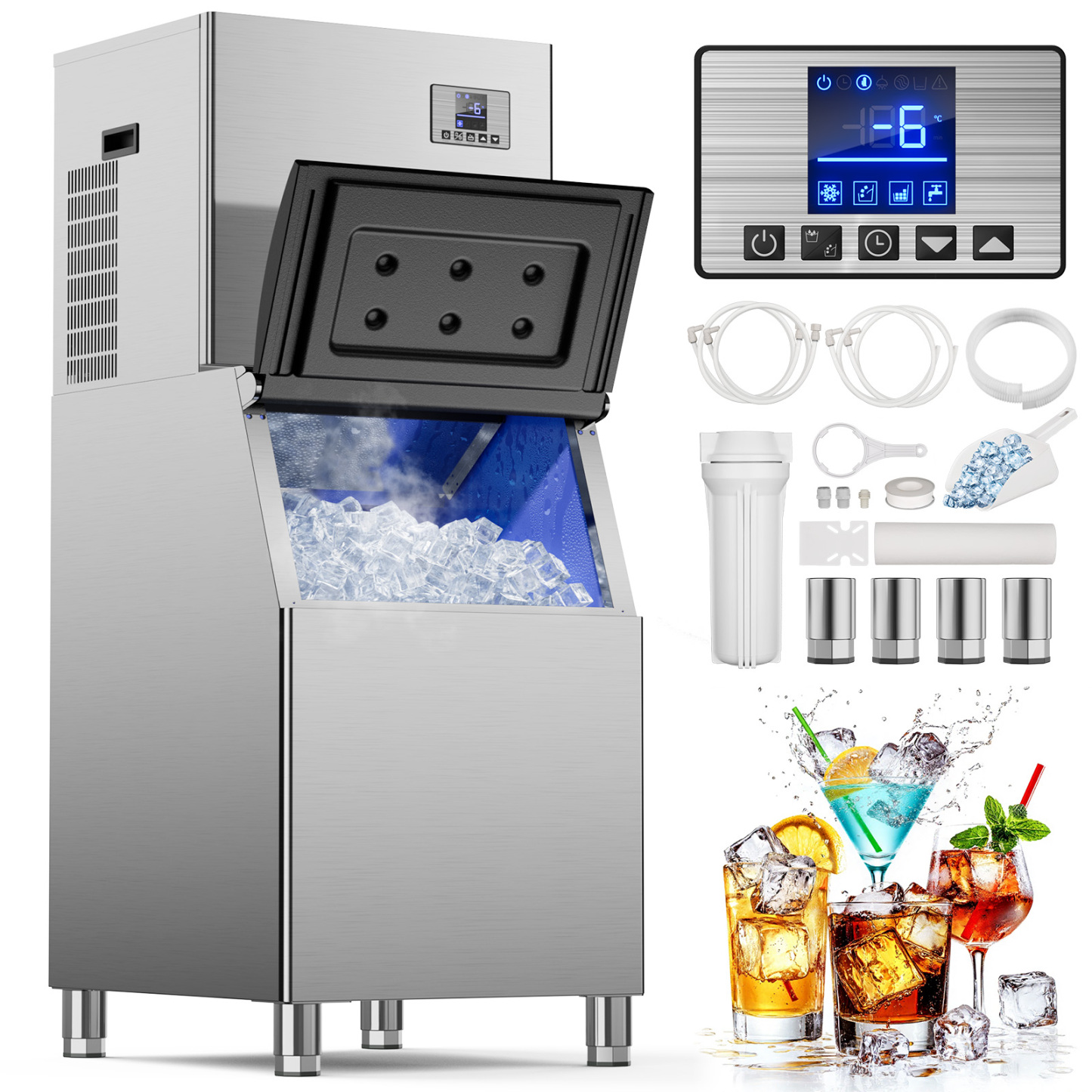Mojgar 550 LBS Commercial Ice Maker with a 360 LBS storage bin, featuring an LCD control panel, water filter, ice scoop, and accessories. Perfect for high-volume environments like restaurants and bars. Produces clean, fast ice for your business.