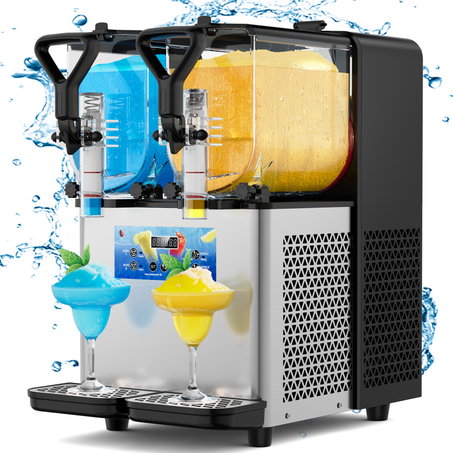 Mojgar 6L Dual Tank Margarita and Slushie Machine with LED display, featuring fast cooling and automatic cleaning. Perfect for creating refreshing frozen drinks like margaritas and slushies. Ideal for both home and commercial use with a sleek stainless steel design.