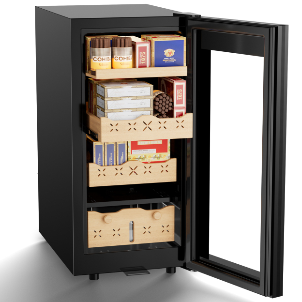 Mojgar 85L electric cigar humidor with open door view, showcasing a Spanish cedar wood interior, intelligent temperature and humidity control, and spacious compartments for cigar storage. Lockable stainless steel cabinet for secure storage.