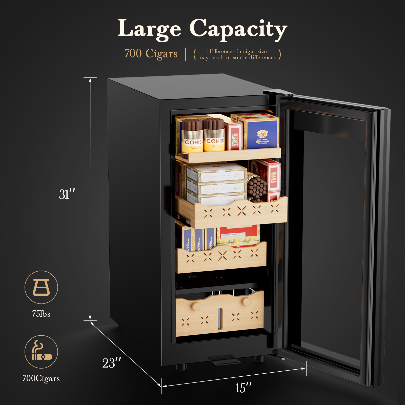 Mojgar 85L electric cigar humidor with a 700-cigar capacity and dimensions of 31" (height), 23" (width), and 15" (depth). The humidor weighs 75 lbs and offers ample storage space for cigars in a sleek, modern design.