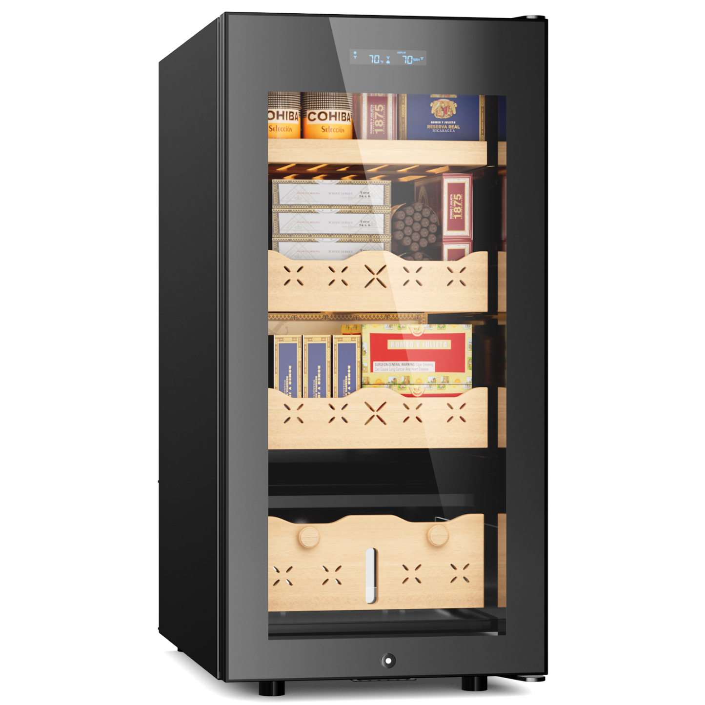 Mojgar 85L electric cigar humidor with 700 count capacity, featuring intelligent temperature and humidity control, a Spanish cedar wood interior, and a lockable stainless steel cabinet. Ideal for storing cigars at optimal conditions in a sleek, modern design.
