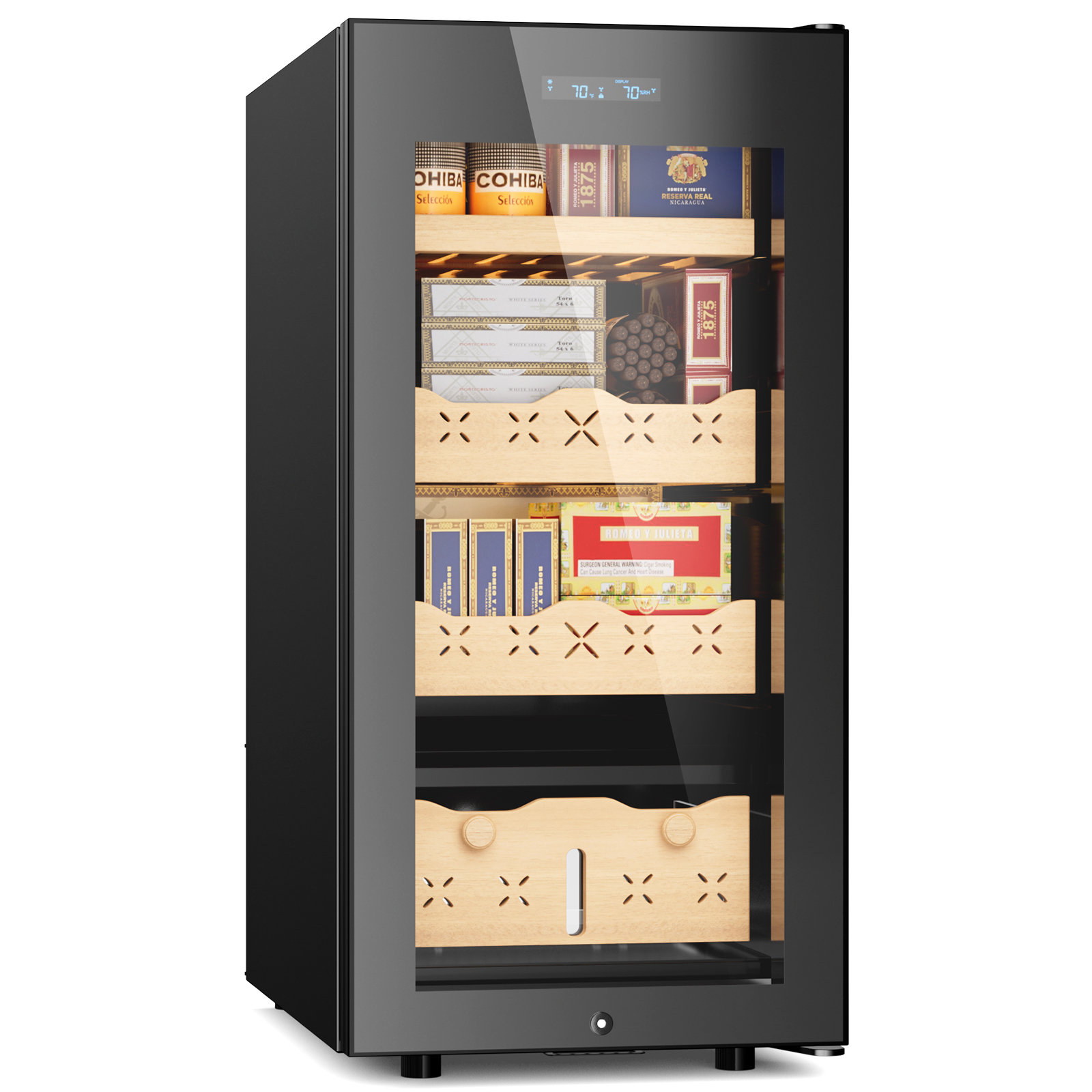 Mojgar 85L electric cigar humidor with 700 count capacity, featuring intelligent temperature and humidity control, a Spanish cedar wood interior, and a lockable stainless steel cabinet. Ideal for storing cigars at optimal conditions in a sleek, modern design.