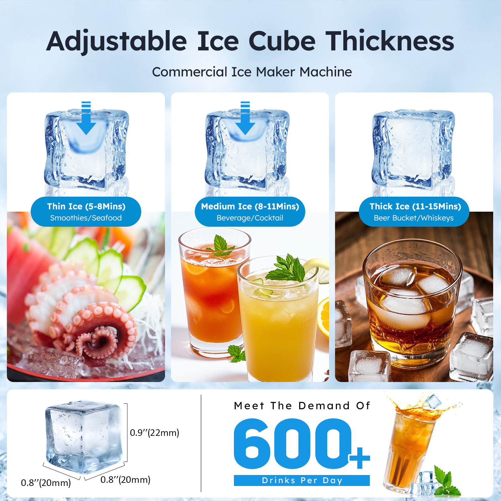 Mojgar commercial ice maker with adjustable ice cube thickness—thin (5-8 mins), medium (8-11 mins), and thick (11-15 mins) ice options, meeting the demand of 600+ drinks per day for various beverages.
