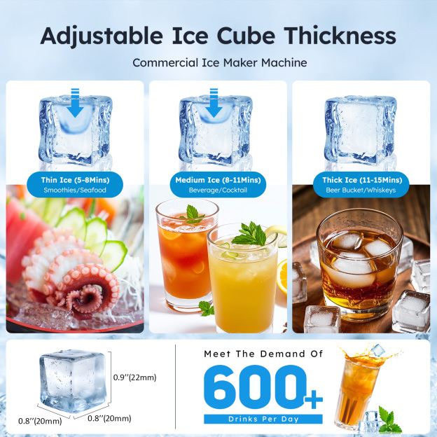 Mojgar commercial ice maker with adjustable ice cube thickness—thin (5-8 mins), medium (8-11 mins), and thick (11-15 mins) ice options, meeting the demand of 600+ drinks per day for various beverages.