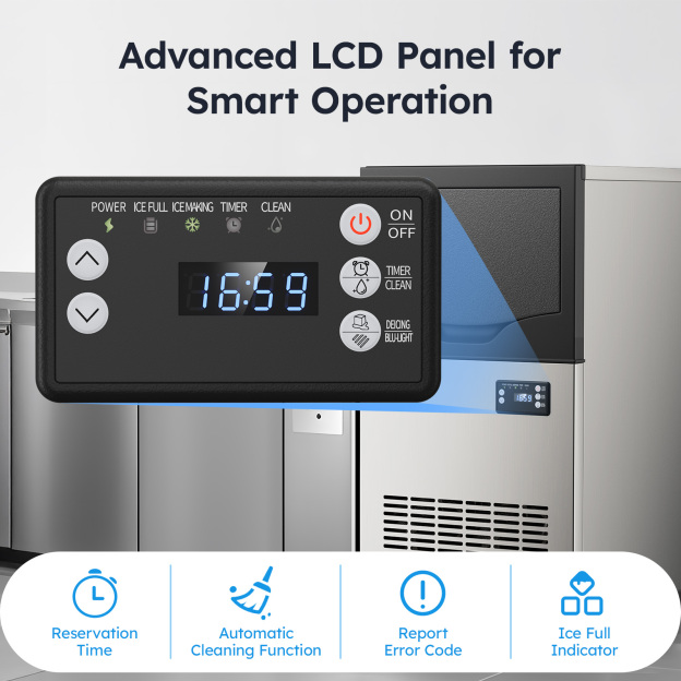 Mojgar commercial ice maker with an advanced LCD control panel featuring reservation time, automatic cleaning function, error report codes, and ice full indicator for easy, smart operation.