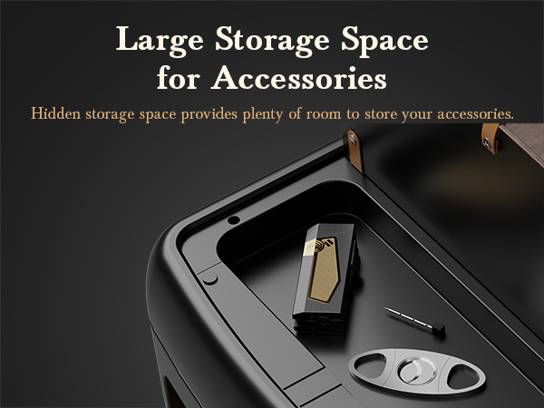 Mojgar Electric Cigar Humidor featuring a hidden storage space for accessories, providing ample room to store tools like cutters, lighters, and other cigar essentials conveniently.