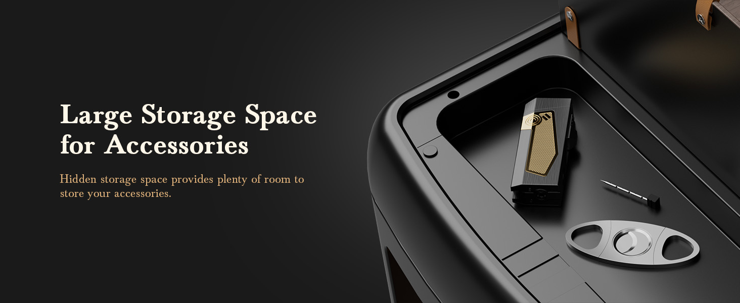 Mojgar Electric Cigar Humidor featuring a hidden storage space for accessories, providing ample room to store tools like cutters, lighters, and other cigar essentials conveniently.