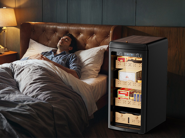 Mojgar Electric Cigar Humidor placed in a bedroom, highlighting its ultra-quiet operation, perfect for maintaining a peaceful environment while preserving cigars with optimal temperature and humidity.