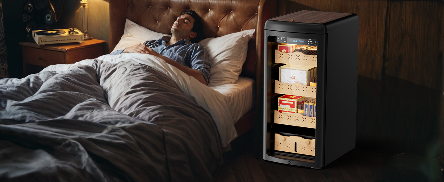 Mojgar Electric Cigar Humidor placed in a bedroom, highlighting its ultra-quiet operation, perfect for maintaining a peaceful environment while preserving cigars with optimal temperature and humidity.
