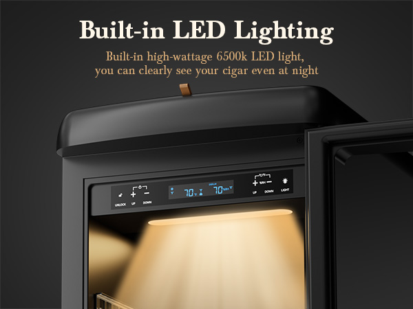 Mojgar Electric Cigar Humidor featuring 6500K built-in LED lighting, providing clear visibility for your cigar collection, even at night, while enhancing its elegant display.