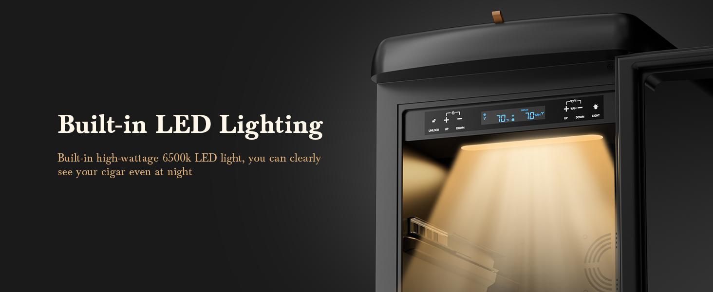 Mojgar Electric Cigar Humidor featuring 6500K built-in LED lighting, providing clear visibility for your cigar collection, even at night, while enhancing its elegant display.
