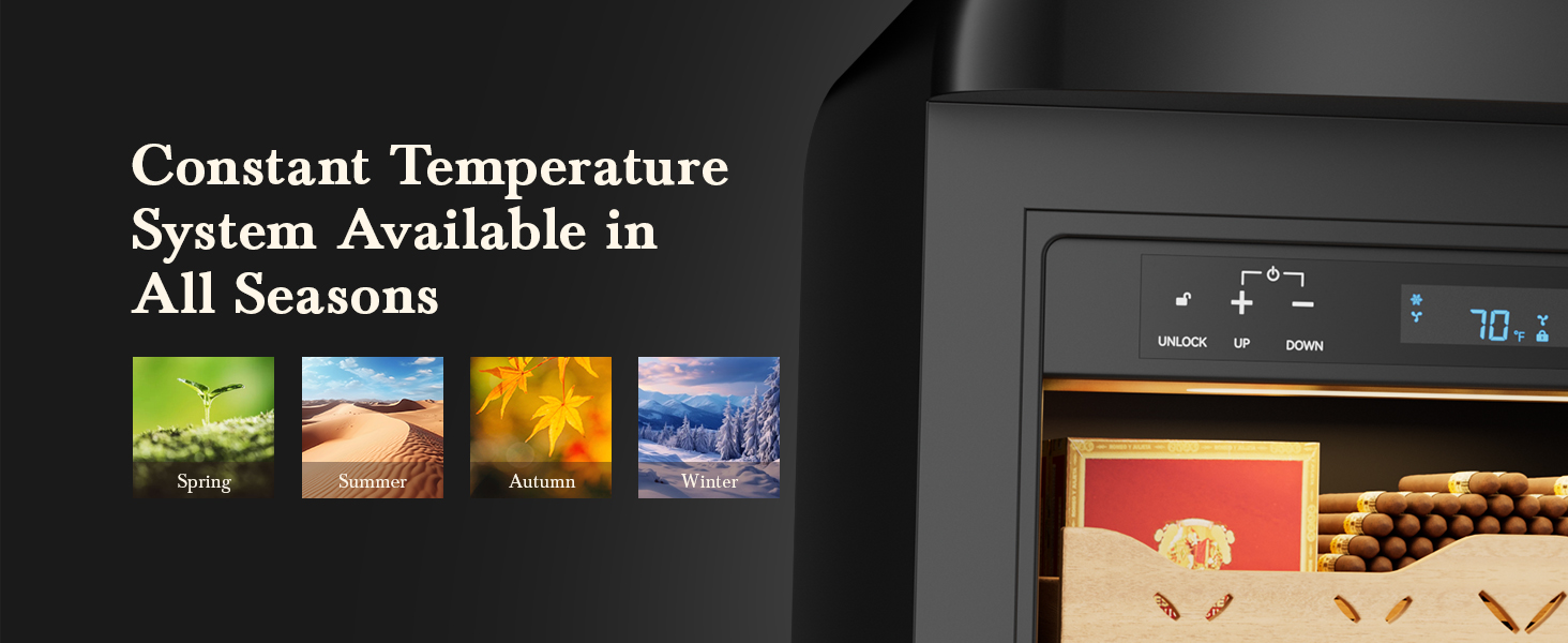 Mojgar Electric Cigar Humidor with constant temperature system, ensuring optimal cigar storage in all seasons—spring, summer, autumn, and winter, maintaining precise temperature control.