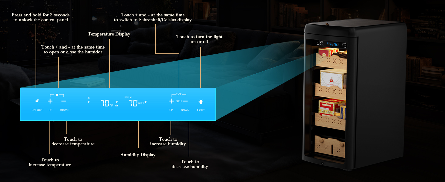Detailed control panel guide for Mojgar Electric Cigar Humidor, showing temperature and humidity adjustment, Fahrenheit/Celsius switch, light control, and unlocking function for precise cigar storage.
