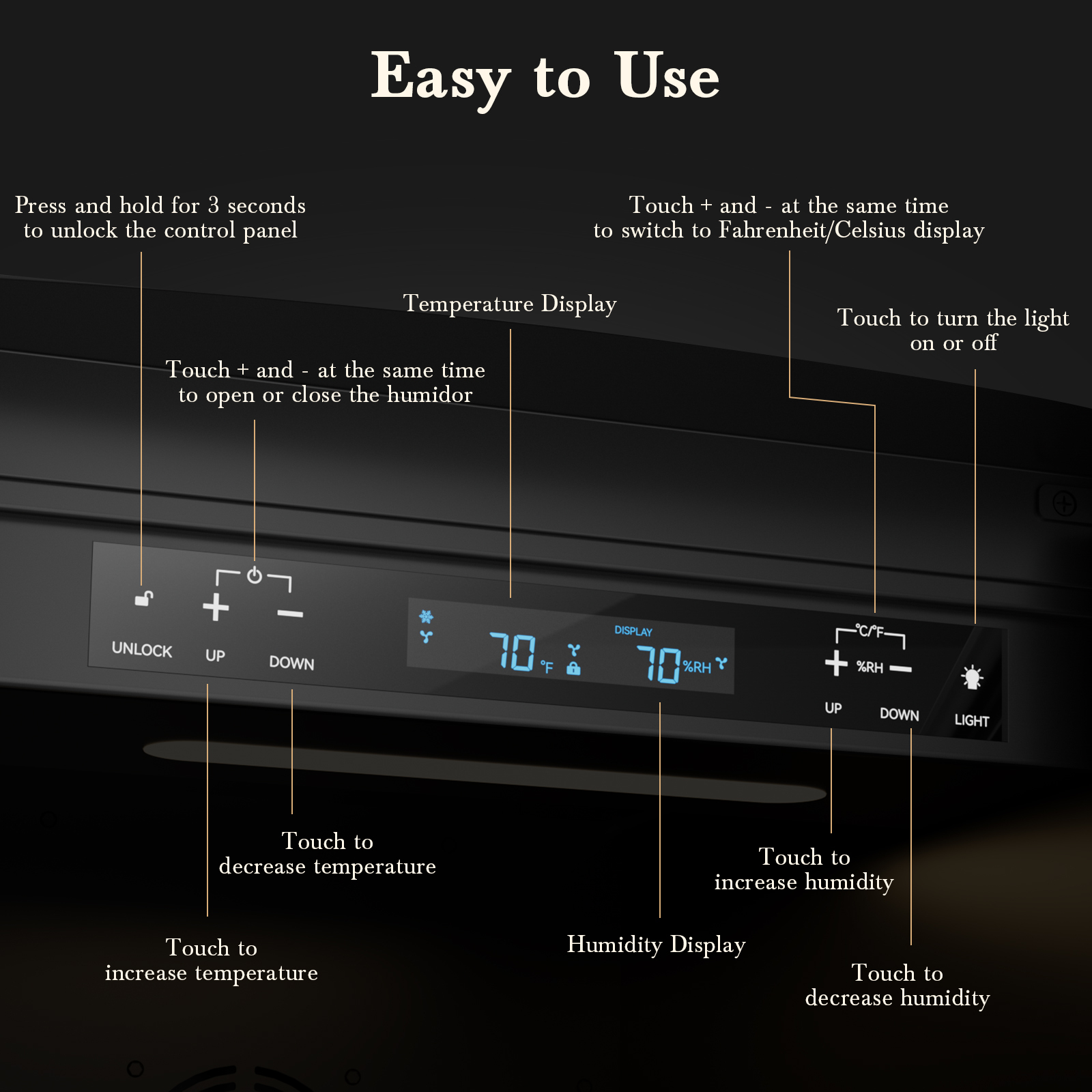 Close-up of Mojgar Electric Cigar Humidor control panel with labeled instructions for temperature, humidity, light adjustment, and lock/unlock functions for easy operation.