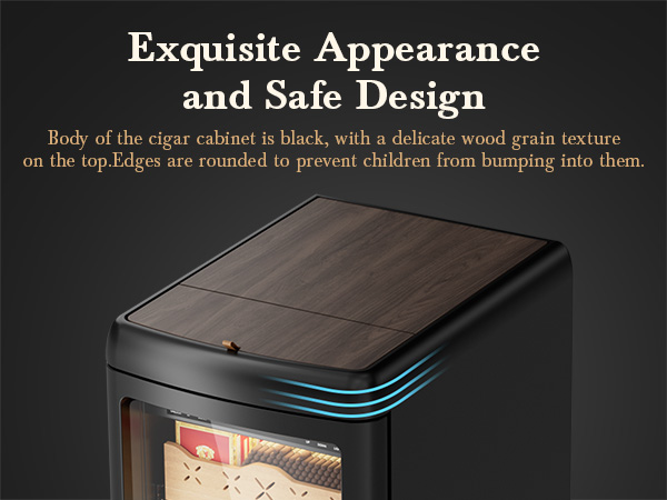 Mojgar Electric Cigar Humidor featuring a black body with a wood grain textured top and rounded edges, combining elegant appearance with a safe design to prevent accidental bumps.