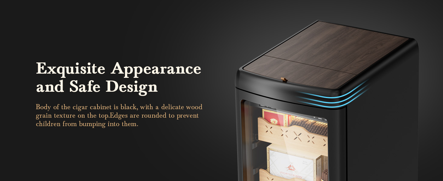 Mojgar Electric Cigar Humidor featuring a black body with a wood grain textured top and rounded edges, combining elegant appearance with a safe design to prevent accidental bumps.