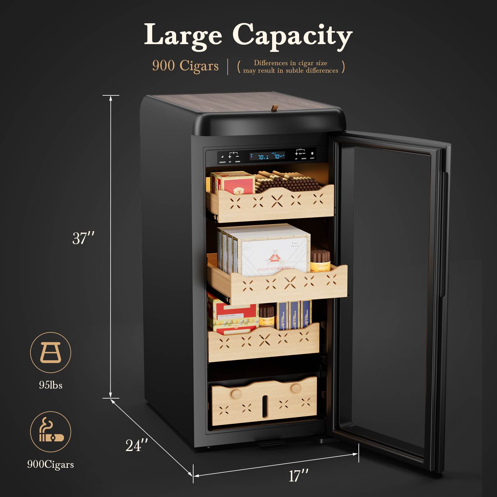 Mojgar Electric Cigar Humidor showcasing large 900-cigar capacity with dimensions 37" x 24" x 17", Spanish cedar drawers, and elegant design for secure cigar storage.