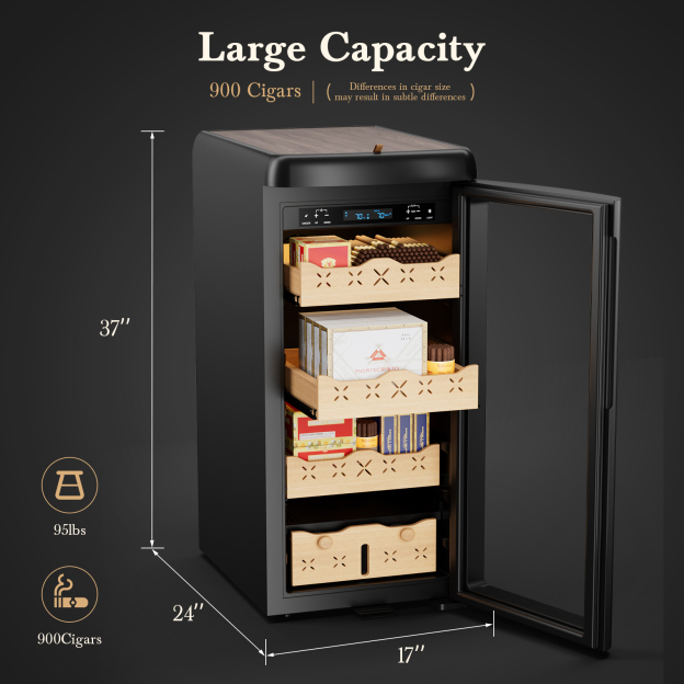 Mojgar Electric Cigar Humidor showcasing large 900-cigar capacity with dimensions 37" x 24" x 17", Spanish cedar drawers, and elegant design for secure cigar storage.