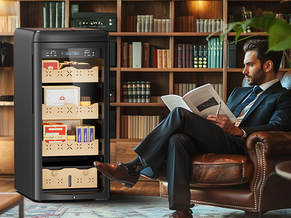 Mojgar Electric Cigar Humidor in an elegant living room setting with a man reading, featuring premium Spanish cedar storage and sophisticated design for seamless integration into any home décor.