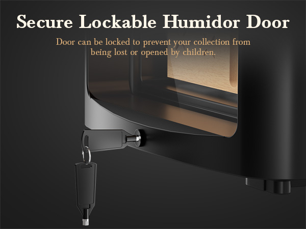 Mojgar Electric Cigar Humidor with a secure lockable door, designed to protect your cigar collection from unauthorized access and ensure safety, especially around children.