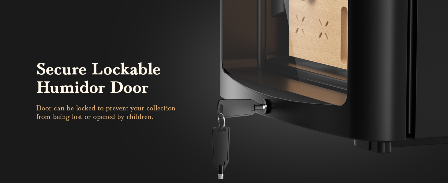 Mojgar Electric Cigar Humidor with a secure lockable door, designed to protect your cigar collection from unauthorized access and ensure safety, especially around children.