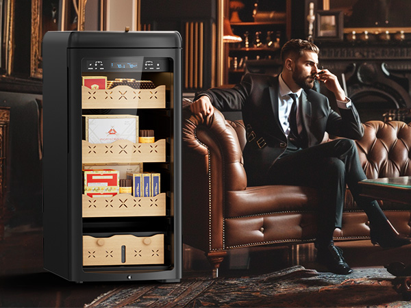 Mojgar Electric Cigar Humidor showcased in a luxury lounge setting with men enjoying cigars, highlighting its elegant design, premium storage features, and suitability for sophisticated spaces.