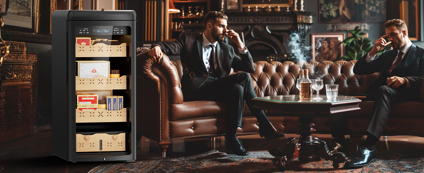 Mojgar Electric Cigar Humidor showcased in a luxury lounge setting with men enjoying cigars, highlighting its elegant design, premium storage features, and suitability for sophisticated spaces.