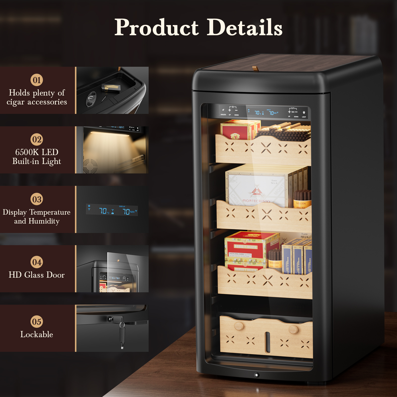 Mojgar Electric Cigar Humidor showcasing product details: 6500K LED lighting, HD glass door, lockable design, temperature and humidity display, and spacious storage for cigars and accessories.