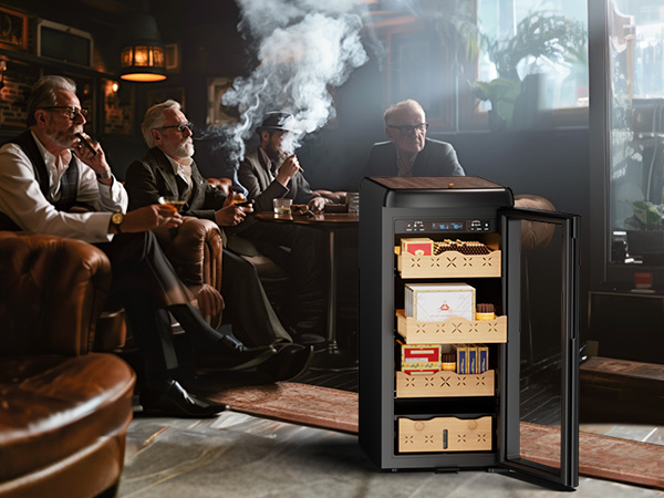 Mojgar Electric Cigar Humidor in a social gathering setting, featuring premium Spanish cedar storage and elegant design, ideal for enhancing the ambiance of lounges and cigar-friendly spaces.
