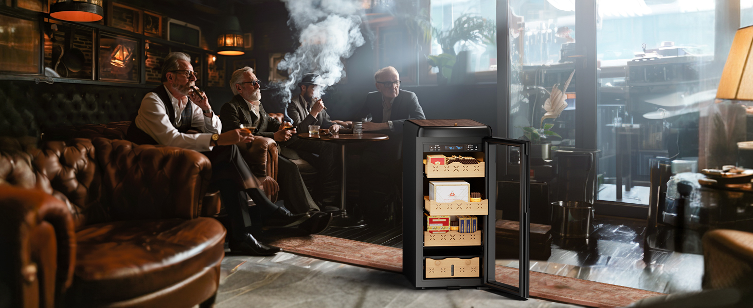 Mojgar Electric Cigar Humidor in an elegant living room setting with a man reading, featuring premium Spanish cedar storage and sophisticated design for seamless integration into any home décor.