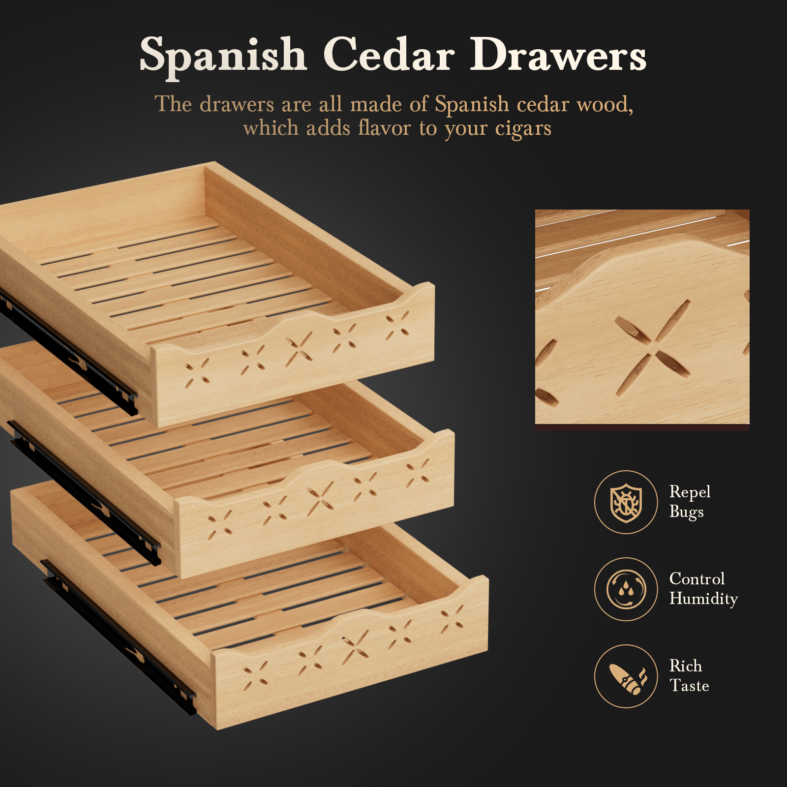 Spanish cedar drawers of Mojgar Cigar Humidor, designed to enhance cigar flavor, repel bugs, and control humidity, offering premium storage with a rich and natural aroma.