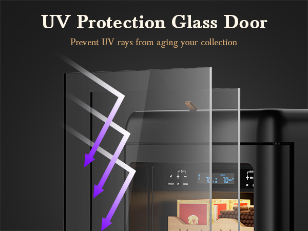 Mojgar Electric Cigar Humidor featuring a UV protection glass door to prevent harmful UV rays from aging your cigar collection, ensuring long-lasting freshness and flavor preservation.