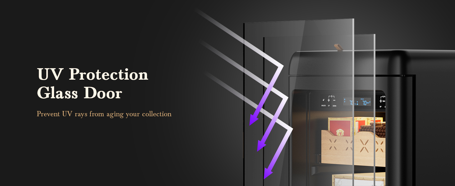 Mojgar Electric Cigar Humidor featuring a UV protection glass door to prevent harmful UV rays from aging your cigar collection, ensuring long-lasting freshness and flavor preservation.