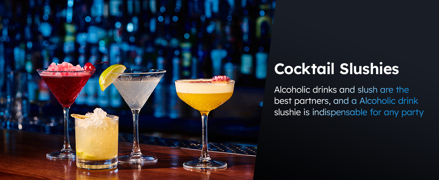 Mojgar slush machine used to make refreshing cocktail slushies, a perfect combination for parties. Alcoholic slush drinks add a fun, creative twist to any event, making them a must-have for festive gatherings.