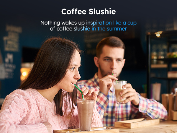 Enjoying coffee slushies in a cozy setting, perfect for summer refreshment. The Mojgar slush machine creates cool coffee drinks that boost inspiration and provide a unique twist on a classic beverage.