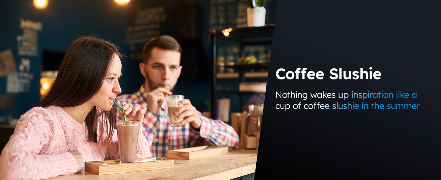  Enjoying coffee slushies in a cozy setting, perfect for summer refreshment. The Mojgar slush machine creates cool coffee drinks that boost inspiration and provide a unique twist on a classic beverage.