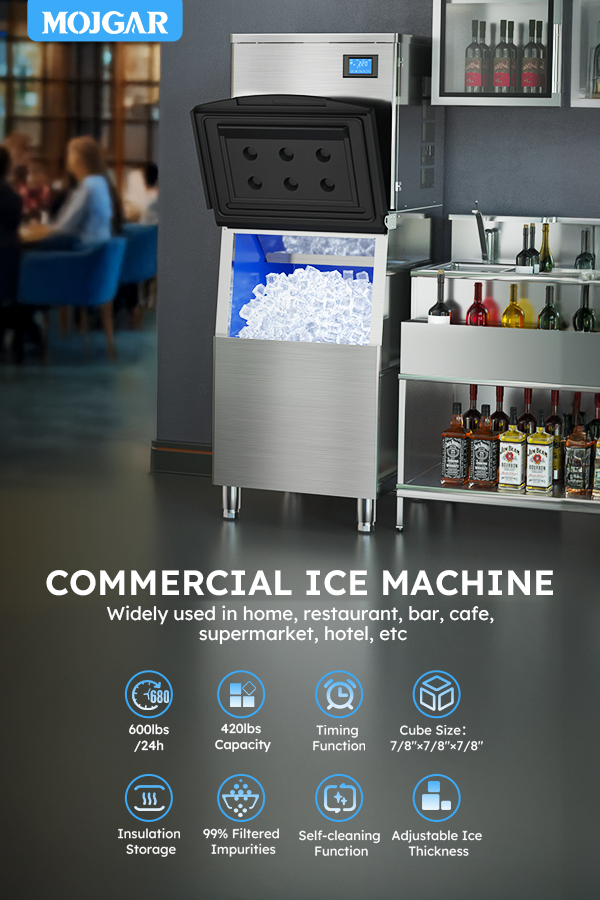 Mojgar Commercial Ice Machine with 600LBS/day production, 420LBS storage, adjustable ice thickness, self-cleaning, and 99% impurity filtration. Ideal for restaurants, bars, cafes, and hotels.